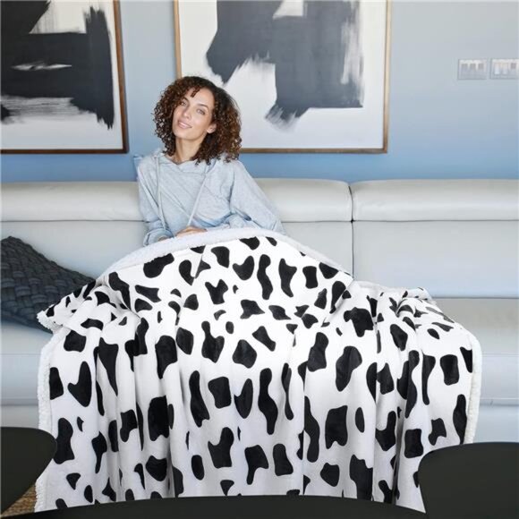 Cow Print Sherpa Fleece Blanket,Super SoftPlush Throw Blanket for Couch,Cow Gift - Picture 3 of 8